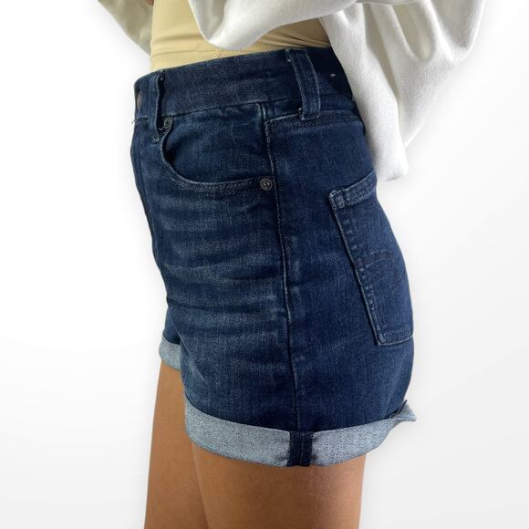 AMERICAN EAGLE Dark Wash Curvy Super Hi-Rise Next Level Stretch Shorts - Picture 2 of 9